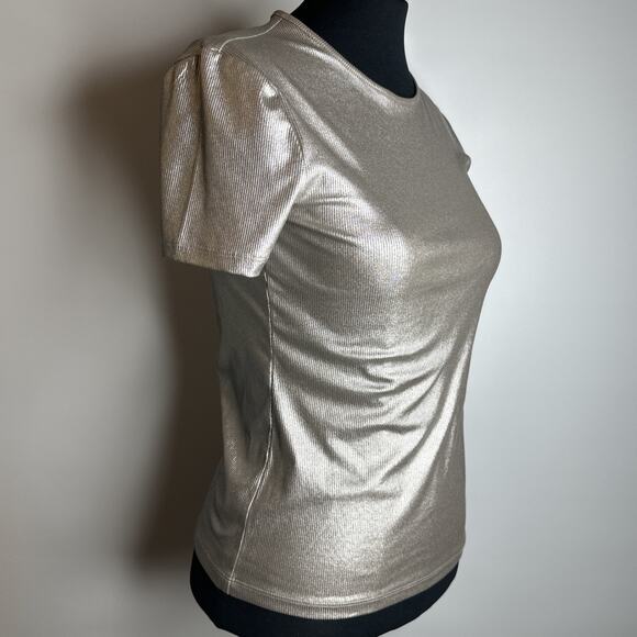 Nine West Metallic Ribbed Stretch T-Shirt XS Silver Brown Cybercore Y2K Top - Picture 5 of 10